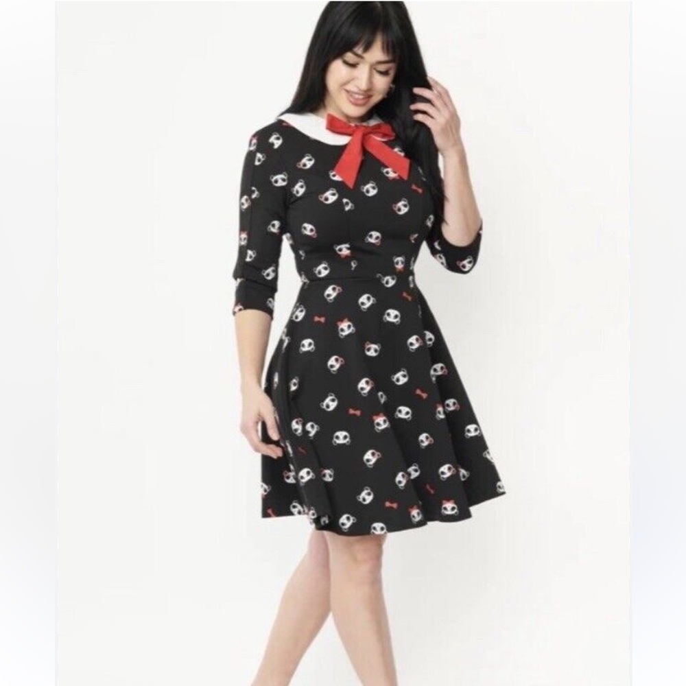 Unique Vintage NWT Black & Panda Print Wednesday Flare Dress - Size X-Large